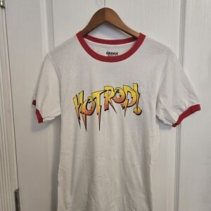 Gildan White T-Shirt with Red and Yellow Hot Rod Graphic